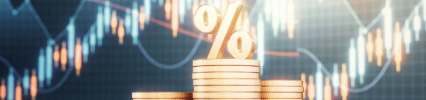 3d Render Percent Sign Standing on Metal Coins on Finance Background (Depth Of Field), Economy, Savings Concept